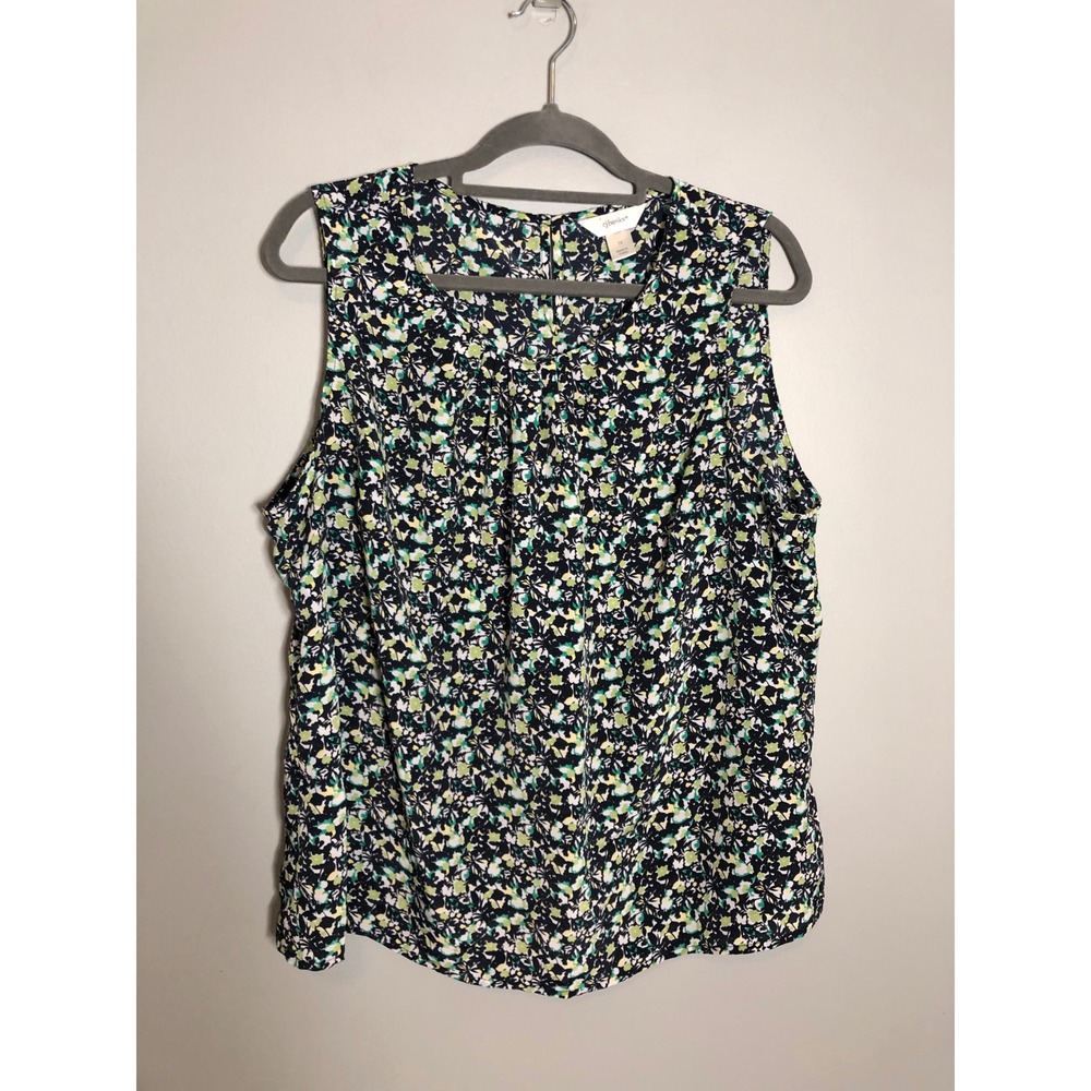 CJ Banks Sleeveless Floral Blouse Women 1X Navy Green Pleated Neck Top